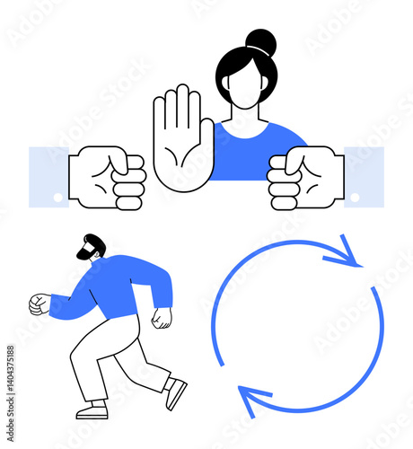 Female figure halting fists with raised hand, man running away, circular arrows suggesting cycle or repetition. Ideal for boundaries, escape, freedom, persistence, action change renewal. Flat