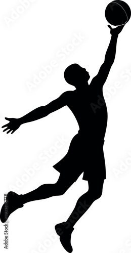 Stylized silhouette of a basketball player launching off one foot for a reverse slam dunk – ideal for street basketball designs, sneaker promotions, and fast-paced sports visual branding