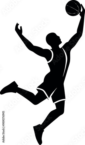 Silhouette of a basketball player performing a high vertical slam dunk – ideal for sports branding, athletic apparel, poster graphics, basketball icon collections, and urban streetwear designs