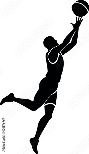 Silhouette of a basketball player soaring through the air for an extended arm slam – perfect for urban sports branding, motivational posters, and dynamic athletic artwork collections