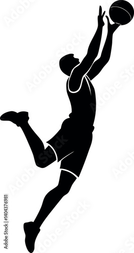 Powerful silhouette of a basketball player extending mid-air for a one-handed slam dunk – ideal for extreme sports designs, athletic performance posters, and basketball tournament graphics