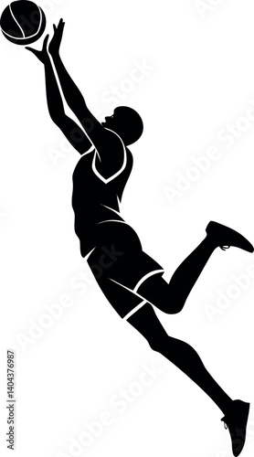 Dynamic silhouette of a basketball athlete launching into a slam dunk – great for team logos, sports-themed digital art, performance-focused graphics, and basketball fan merchandise
