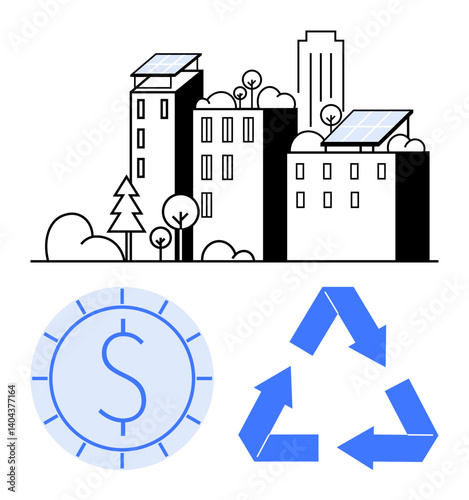 Modern buildings with solar panels, recycling symbol, and dollar coin icon emphasize eco-friendly city living. Ideal for environment, sustainability, green energy, recycling, economy, urbanization