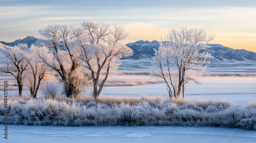 Hoarfrost Morning Symphony: A Delicate Dance of Frost and Dawn Light in Nature's Tranquil Embrace Hoarfrost Morning Symphony: A Delicate Dance of Frost and Dawn Light in Nature's Tranquil Embrace