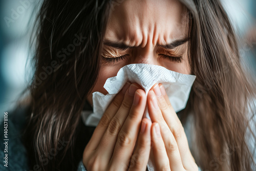 woman with a tissue in her hand, covering her mouth and nose. She looks like she is sneezing or has a runny nose