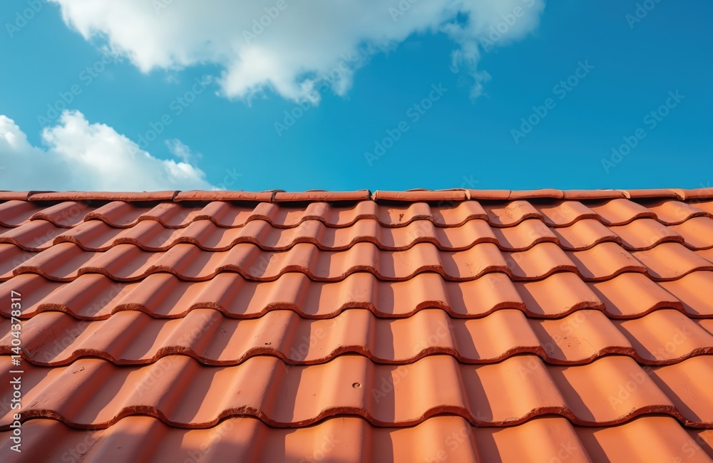 Red tiled roof against blue sky. Architectural design roofing, ceramic tile pattern, construction. Building exterior, housing, residential. Sun reflects roof, construction, home, modern design, roof. Red tiled roof against blue sky. Architectural design roofing, ceramic tile pattern, construction. Building exterior, housing, residential. Sun reflects roof, construction, home, modern design, roof.