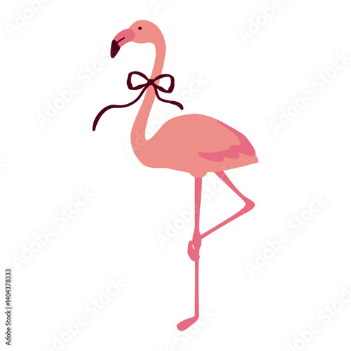 Cute flamingo with ribbon, Vector hand drawn illustration.