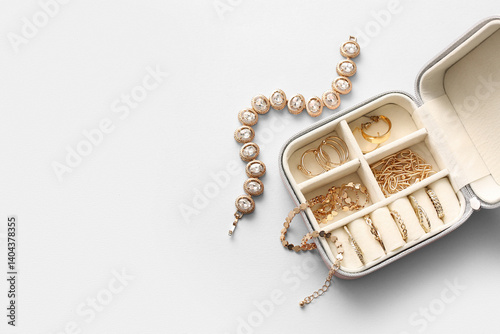 Obraz na płótnie Organizer with beautiful golden jewelry on grey background w salonie