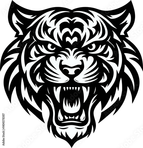 A bold black and white tribal-style illustration of a roaring tiger head, with sharp eyes, open mouth, visible fangs, and symmetrical design. Ideal for logo or tatto