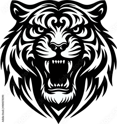A bold black and white tribal-style illustration of a roaring tiger head, with sharp eyes, open mouth, visible fangs, and symmetrical design. Ideal for logo or tatto