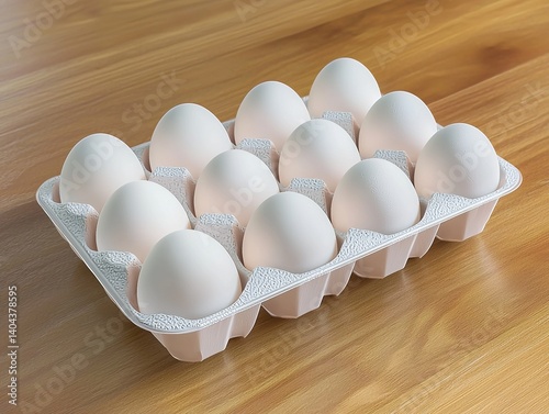Top view of a white plastic egg carton holding ten smooth white eggs placed on a wooden table, captured in natural light to highlight simplicity, freshness, and minimalistic food presentation