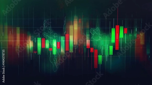Modern high-resolution candlestick chart with global map overlay, red and green trading indicators, dark blue gradient, and blurred background illustrating global financial market trends photo