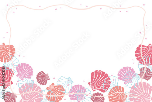 Pink scallops frame illustration, seashells background design template for card, poster, invitation.