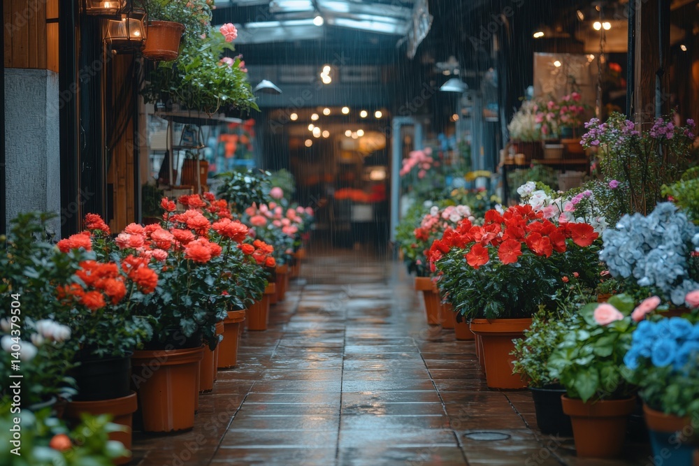 Fototapeta premium Rainy flower shop: Rows of potted plants with vibrant blossoms line a wet walkway, lights glow softly in background.
