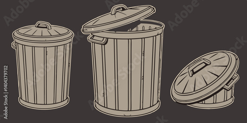 Vector illustration of brown trash on dark grey background recycling trash can for waste disposal and environmental cleanliness.