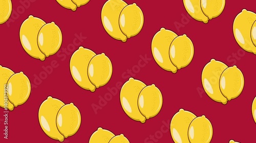 Flat lay beautiful colorful yellow lemon summer fruit icon animation seamless loop video isolated in red background for kids party and healthy lifestyle background 