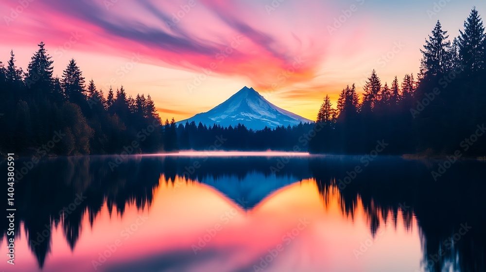 Fototapeta premium Majestic Mountain Sunrise Reflection in Calm Lake