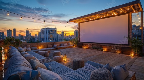Cozy Rooftop Movie Night with Stunning City Skyline at Sunset