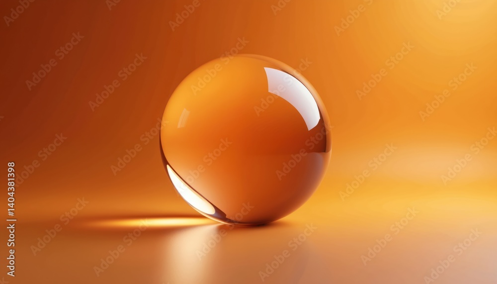 Transparent glass sphere orange background. Shiny orb reflects light, casting glow on surface. Abstract design element for projects. High-quality studio shot for branding, science, technology,