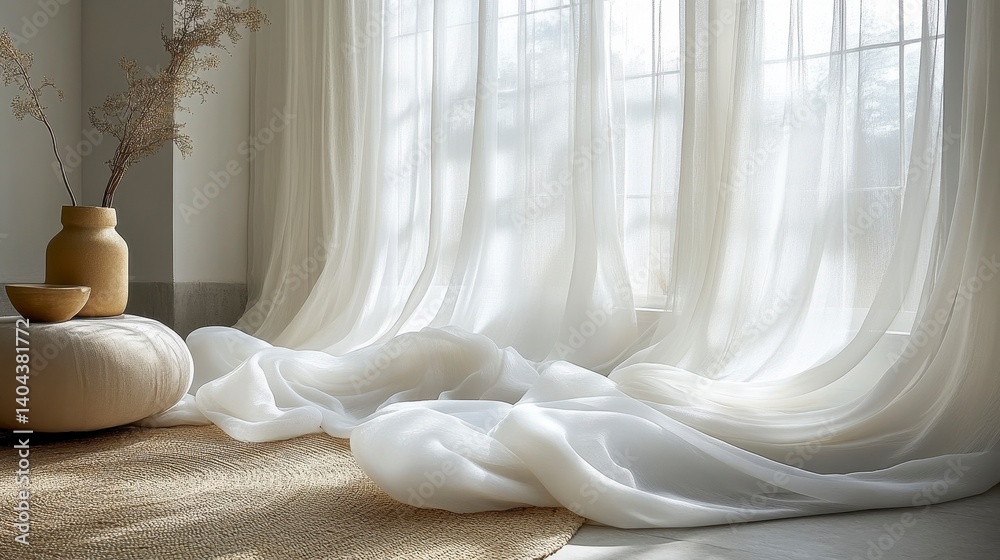 Airy window with sheer curtains, natural light, and vase Airy window with sheer curtains, natural light, and vase
