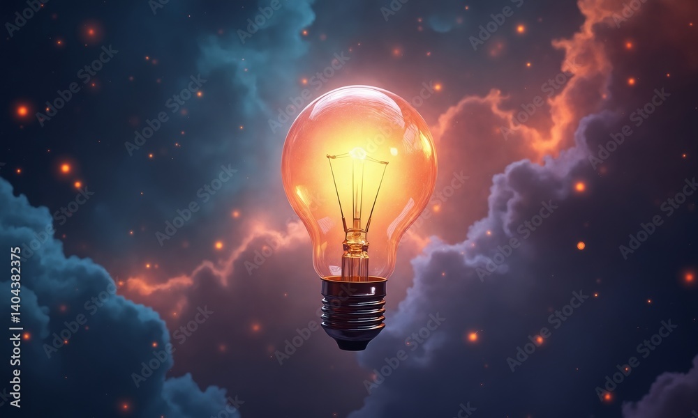 A glowing lightbulb floating in cosmic space, with colorful abstract thoughts radiating outward, digital painting style with soft glowing effects. A glowing lightbulb floating in cosmic space, with colorful abstract thoughts radiating outward, digital painting style with soft glowing effects.