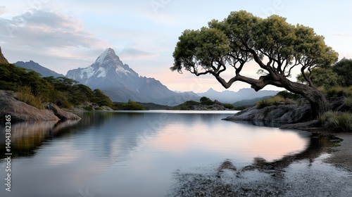 Tranquil Mountain Lake Landscape with Reflections, Unique Curved Tree, and Snow-Capped Peak at Sunrise