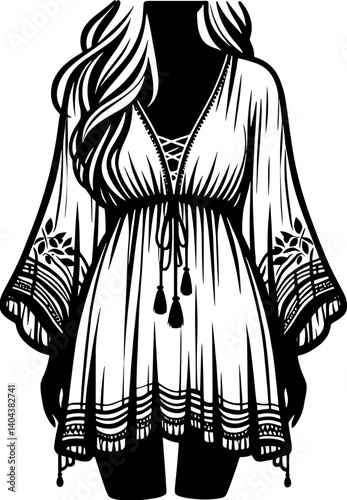 Silhouette of a woman wearing a tunic dress with tassels and floral sleeve designs on a white background