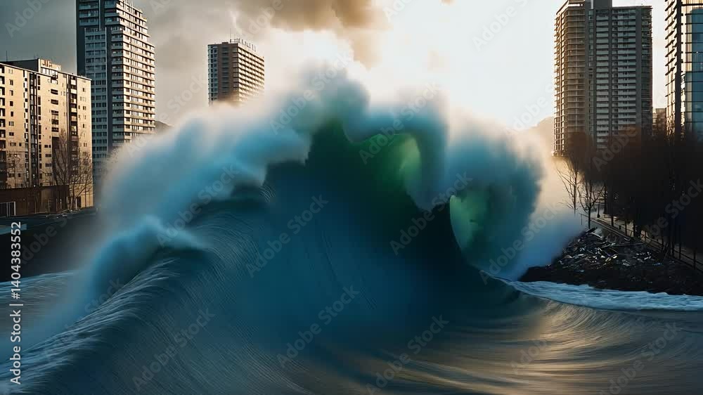 Massive Wave Crashing in Urban Environment with Skyscrapers and Stormy Sky in City Coastline

