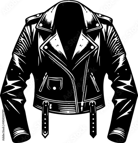 Illustration of a black leather biker jacket with zippers and belts on a white background