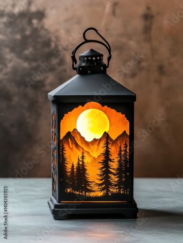 Creative lantern casting a warm glow of pine woods and moonlit mountains in a serene night nature setting