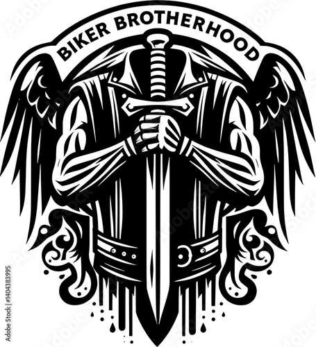 A black and white biker brotherhood emblem with wings and a sword held in front of a coat of arms