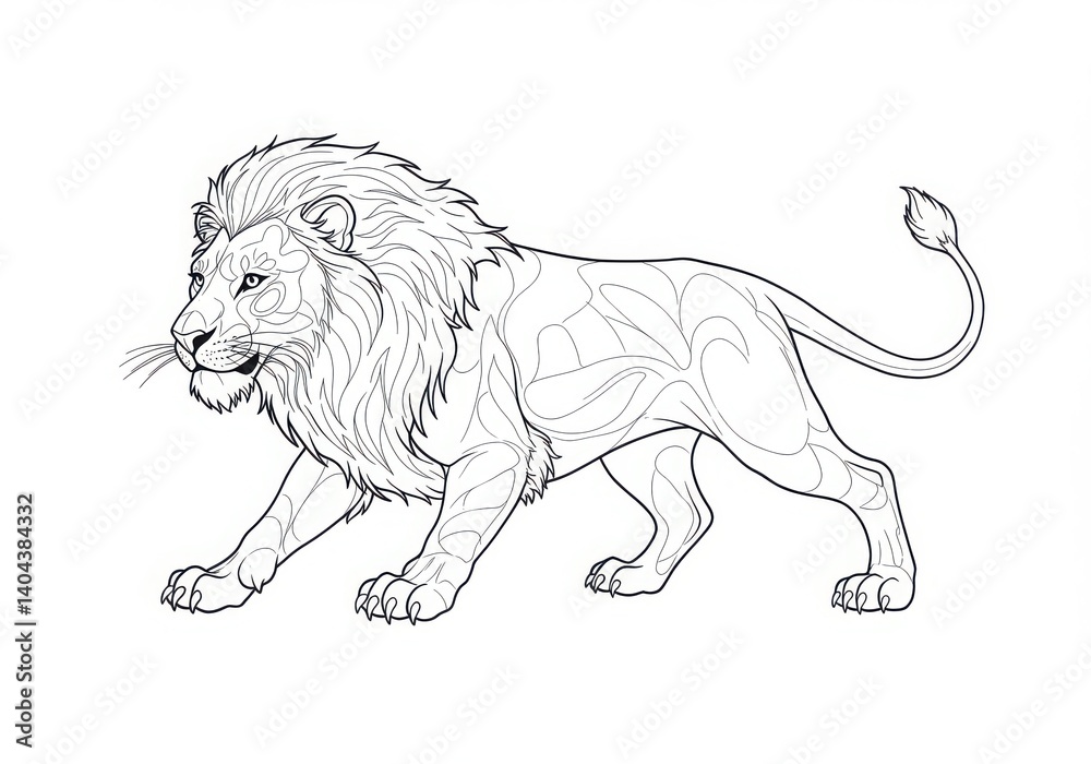 Fototapeta premium Outline drawing of a lion walking with detailed mane and body patterns in black and white style