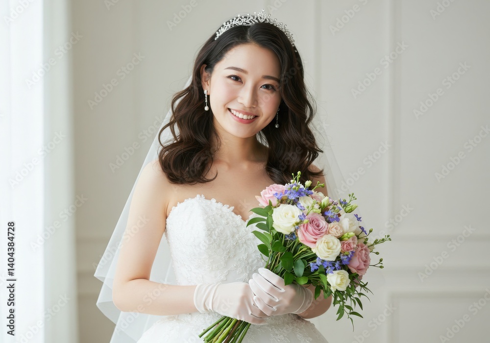 Portrait of a beautiful asian bride holding a colorful bouquet in her wedding dress indoors Portrait of a beautiful asian bride holding a colorful bouquet in her wedding dress indoors