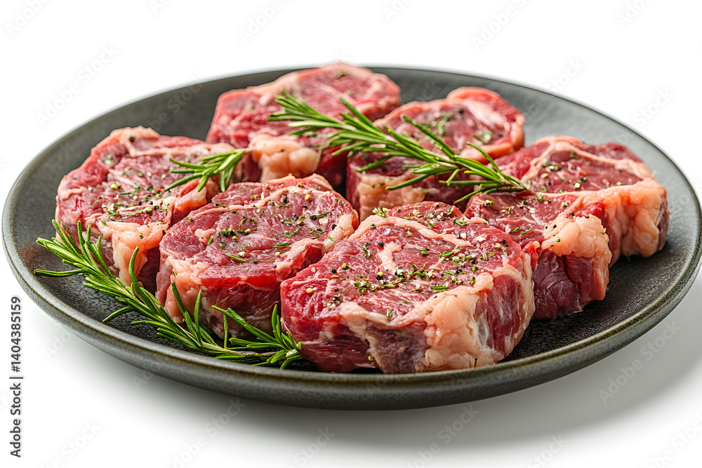 Fresh Lamb Steaks with Rosemary on a Black Plate Fresh Lamb Steaks with Rosemary on a Black Plate