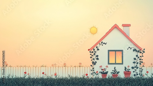 Cozy House with Flower Garden and Sunny Sky at Dusk