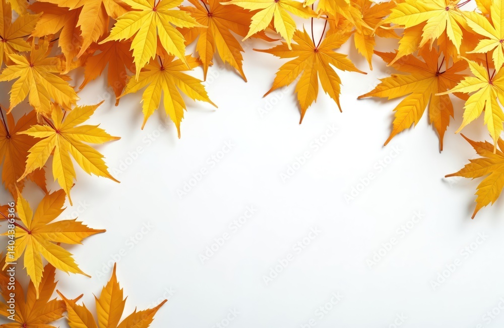Yellow maple leaves create frame on white. Autumn season colors, gold, orange foliage. Autumnal decor, natural arrangement. Clean, bright, studio shot. Ideal for fall, seasonal projects, themes, copy Yellow maple leaves create frame on white. Autumn season colors, gold, orange foliage. Autumnal decor, natural arrangement. Clean, bright, studio shot. Ideal for fall, seasonal projects, themes, copy