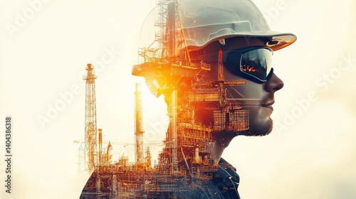 Engineer with Safety Helmet Overlaid on Oil Rig and Industrial Background