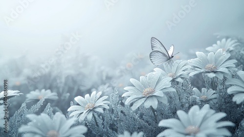 Delicate Butterfly on Soft Daisy Flowers in a Misty Background
