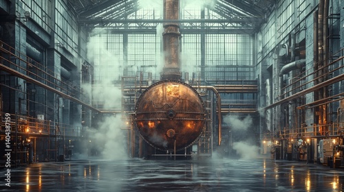 Industrial Factory Interior with Vintage Boiler and Steam Effects