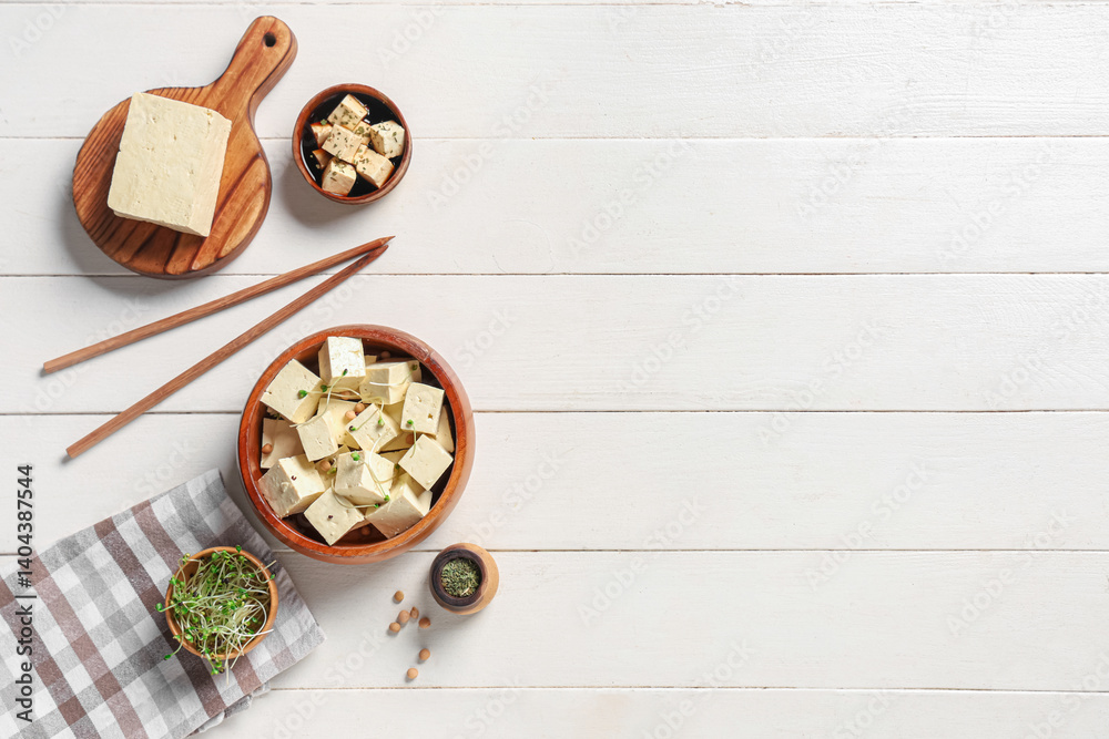 Tasty tofu cheese on white wooden background with space for text Tasty tofu cheese on white wooden background with space for text