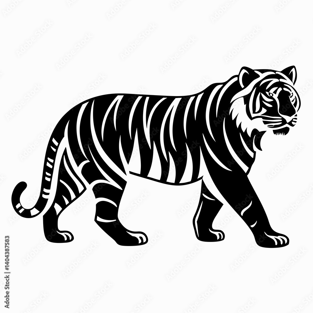 Naklejka premium Striking Black And White Tiger Illustration Walking Confidently On A White Background