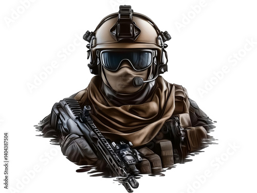Soldier Portrait in Camouflage Gear with Weapon on Isolated Transparent Background