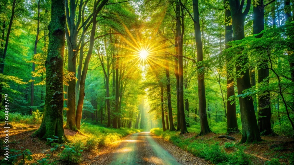 Obraz premium Sunlit Path Through Lush Green Forest