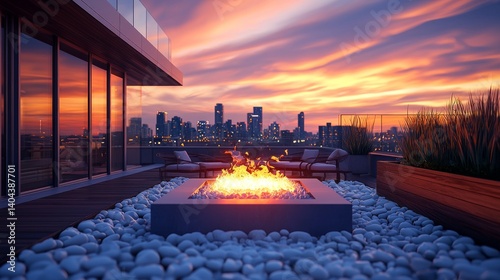 Modern Rooftop Lounge with Fire Pit and Stunning Sunset over Cityscape