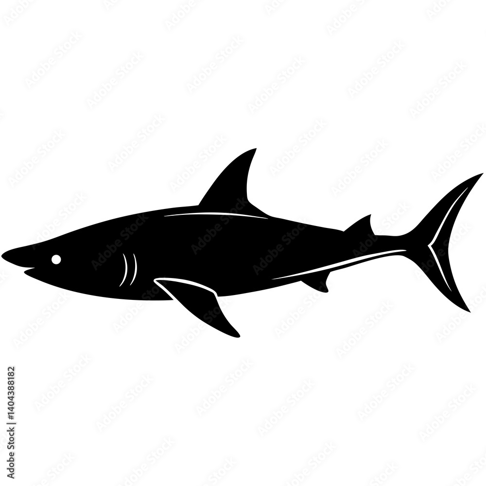 Fototapeta premium Minimalist Black Shark Silhouette Vector Illustration On White Background Great White Shark