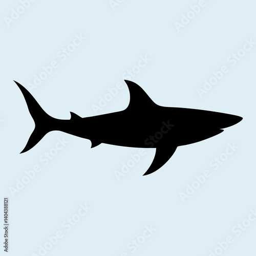 Black Silhouette Of A Great White Shark Swimming On Light Blue Background
