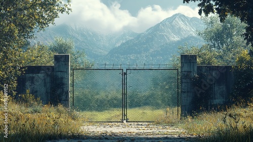 Serene Landscape with Mountain View and Closed Chain Link Gate