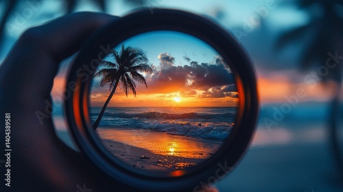 Sunset Over Ocean Through Camera Lens with Palm Tree in Foreground