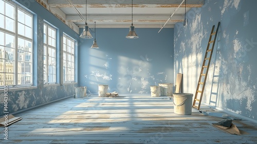 Bright Renovation Space with Blue Walls and Natural Light Interior Design