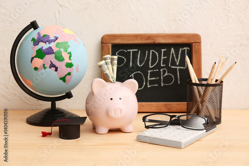 Piggy bank with money, calc...
